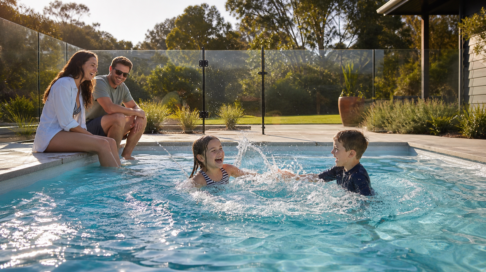Children laughing and splashing in a fenced backyard pool while their parents watch nearby
