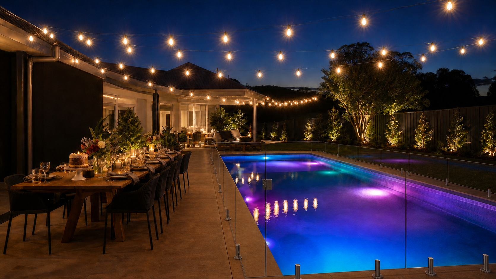 An illuminated pool with a clear glass fence and birthday table ready for an evening with friends